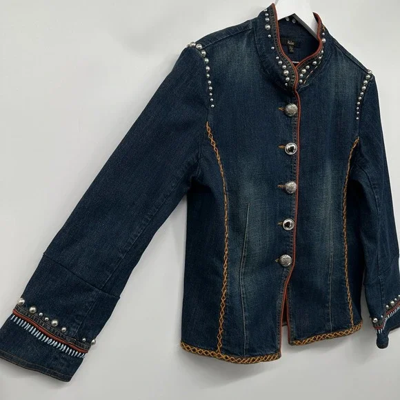 Reba Denim Jacket Size Large Studded Embroidered Stretch Western Rodeo Cowgirl - Picture 2 of 15